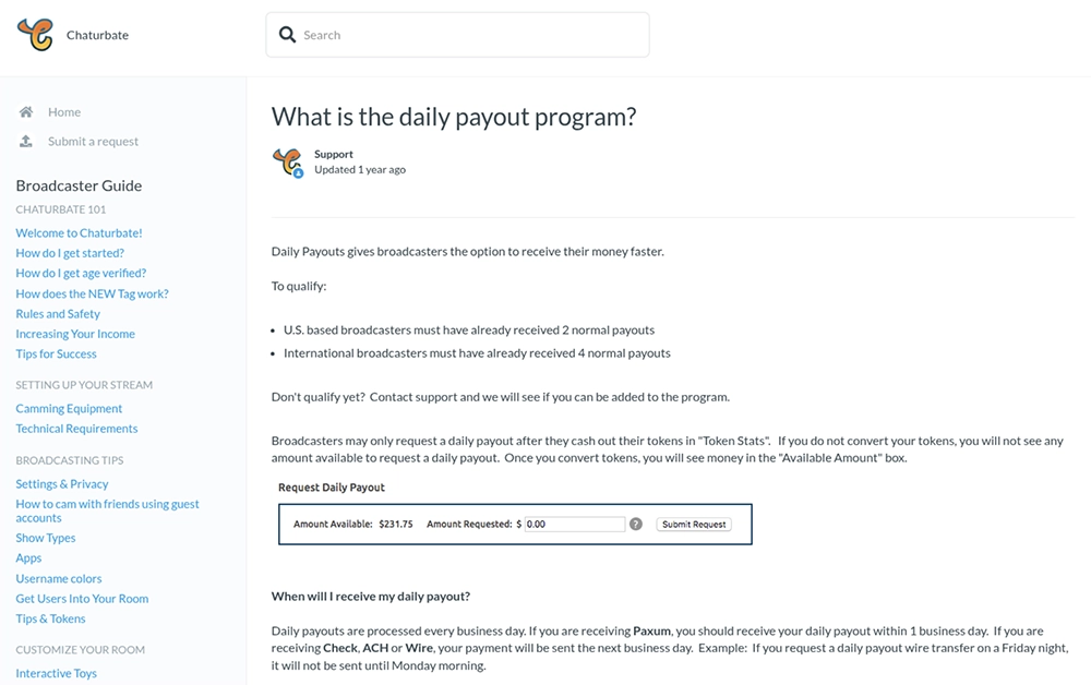 Daily payouts on Chaturbate