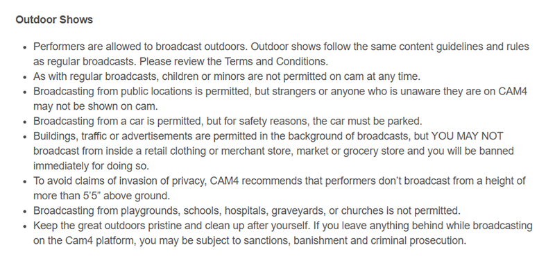 Cam4 outdoor show rules
