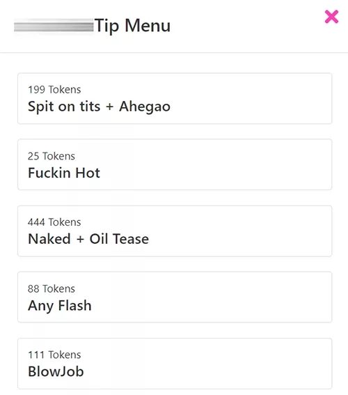 Menú de propinas de CamSoda