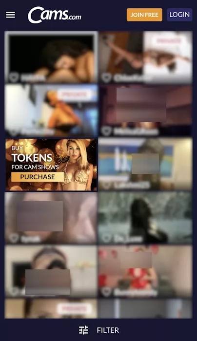 Vista de la página de inicio de Cams.com en el móvil