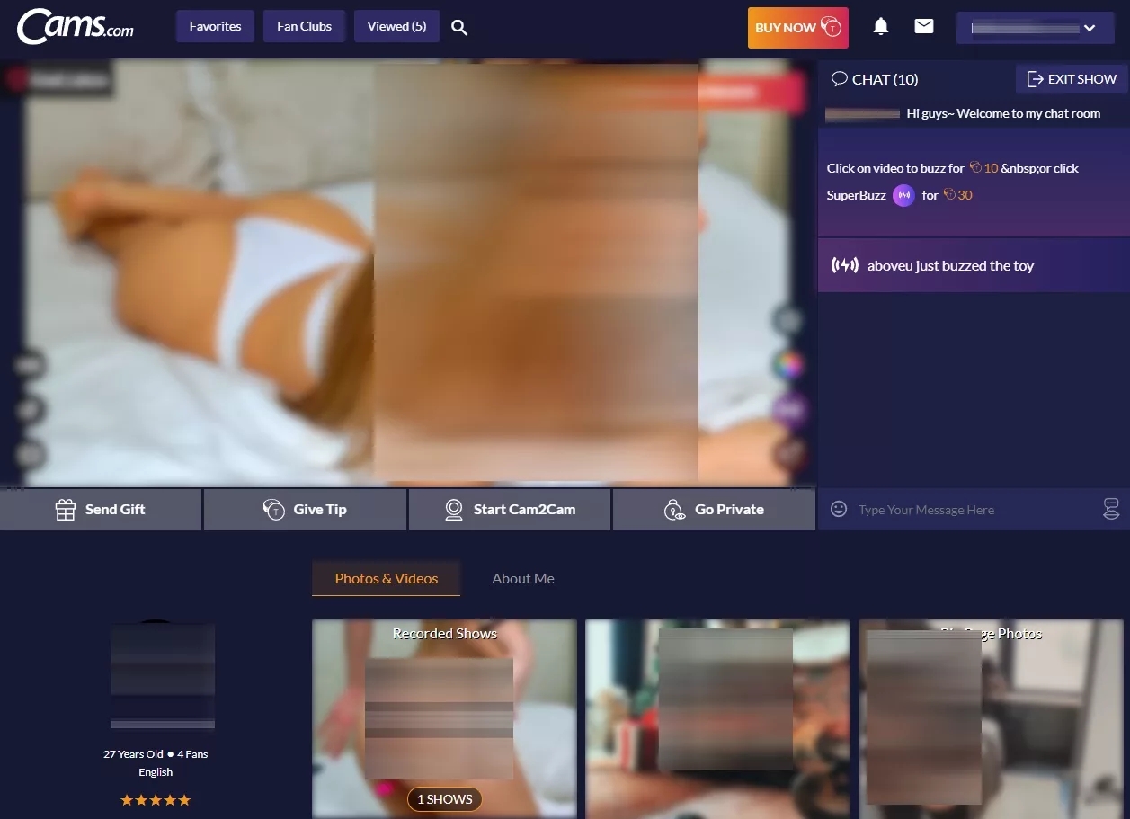 Interfaz en Cams.com