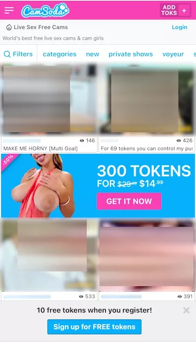 Página de inicio de Camsoda para móviles