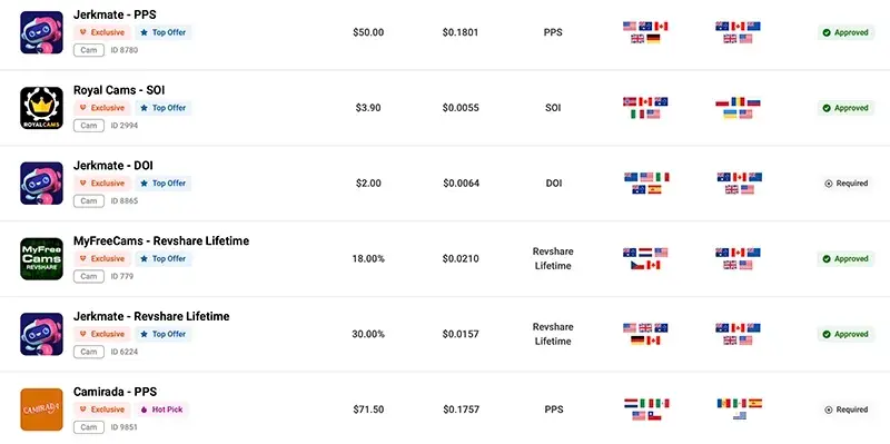 CrakRevenue cam site offers