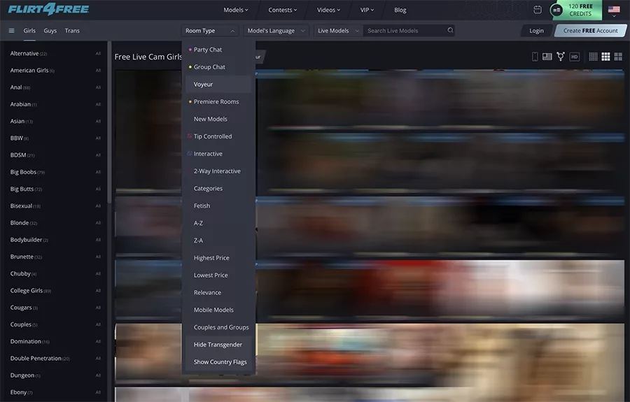 Ejemplo de la interfaz de Flirt4Free
