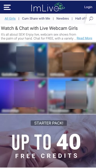Página de inicio de IMLive para móviles